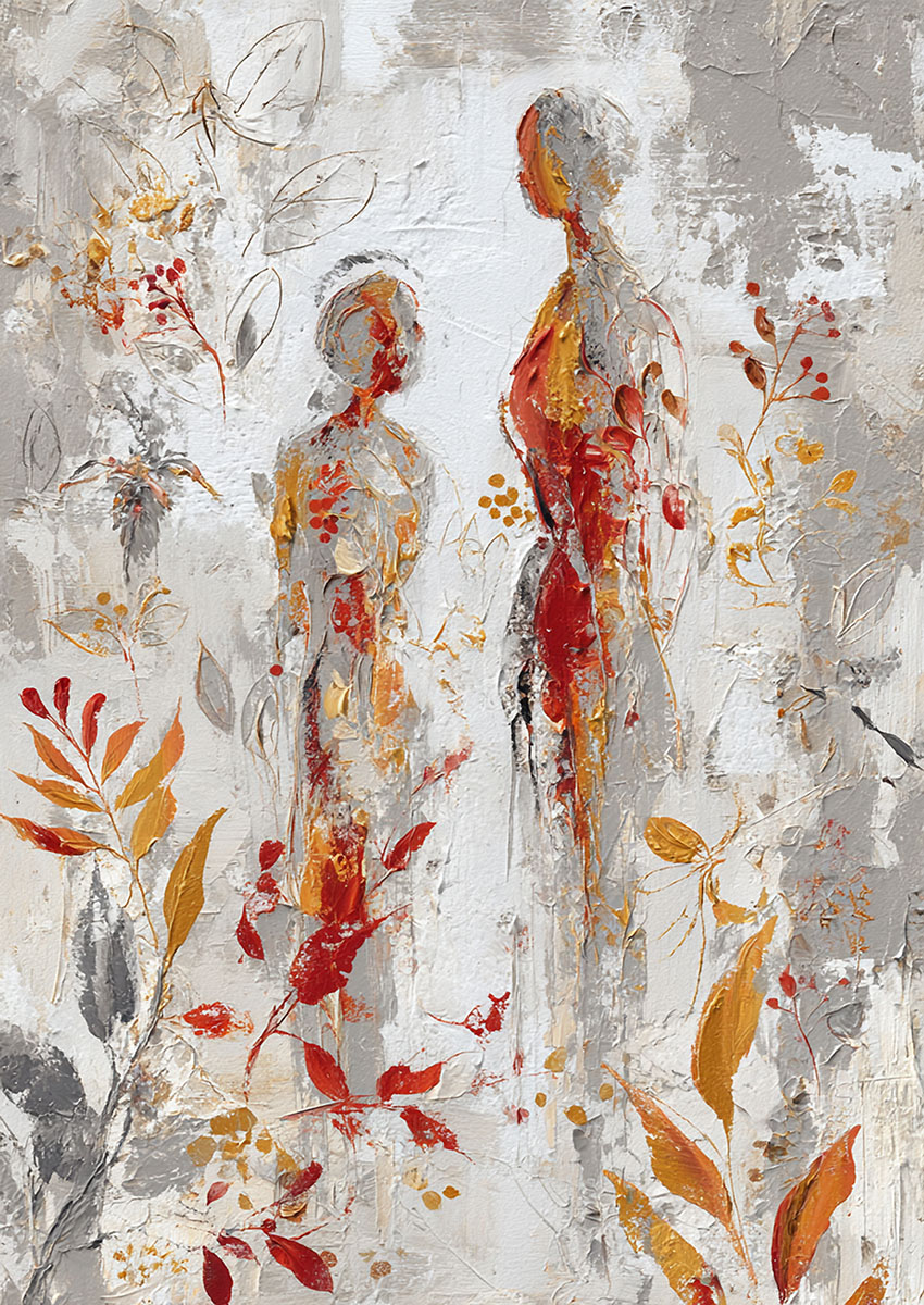 Artistic representation of abstract figures surrounded by floral elements in warm colours.
